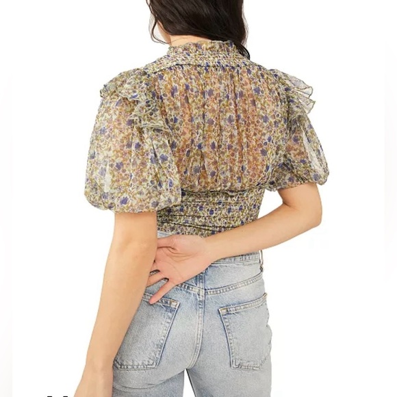 Free People Beatrice Ruffle Blouse Top Floral Printed Smocked‎ Cropped Sz S NWT - Picture 12 of 12